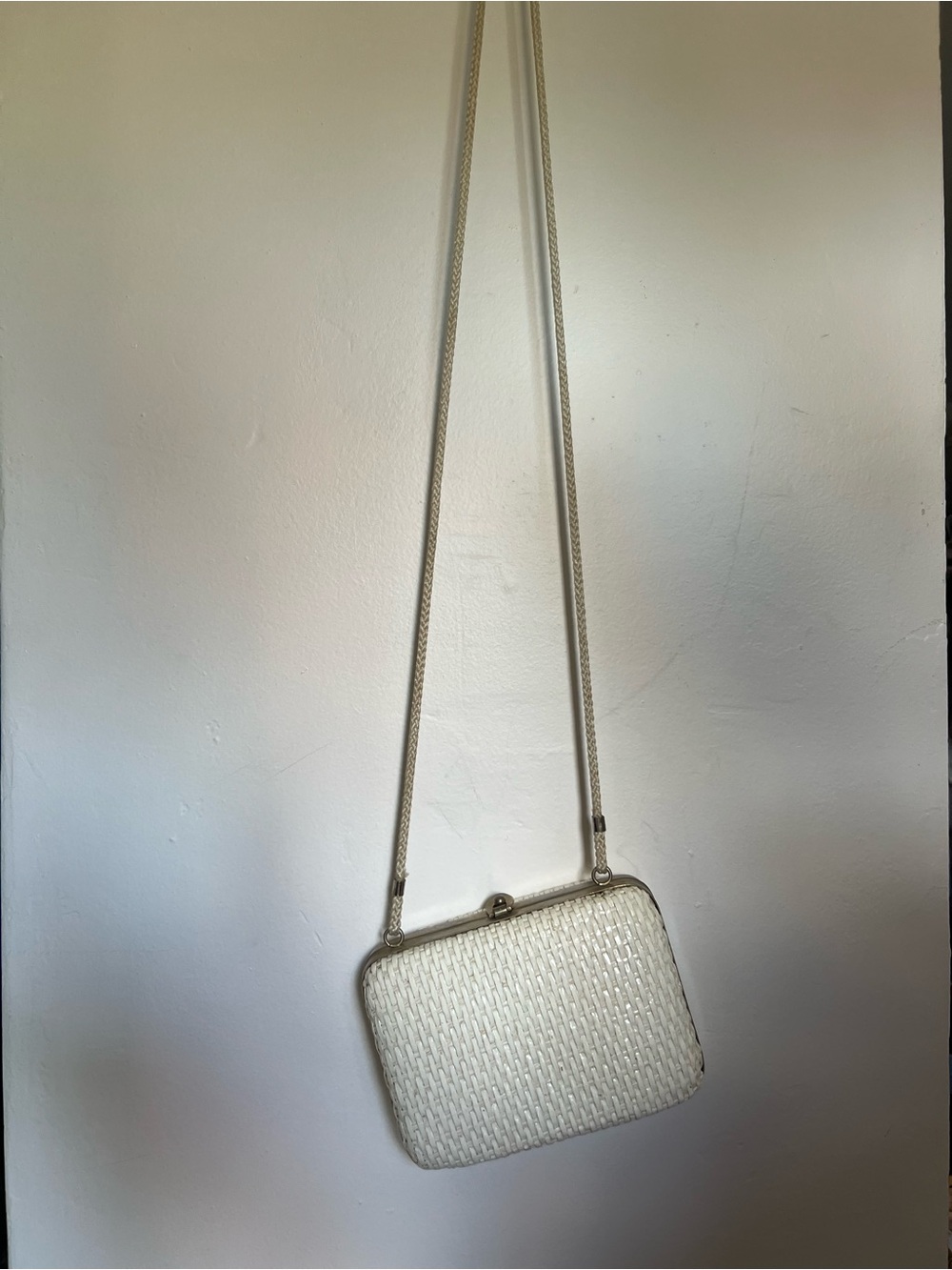 Vintage Woven Ivory Crossbody Bag with Silver Trim